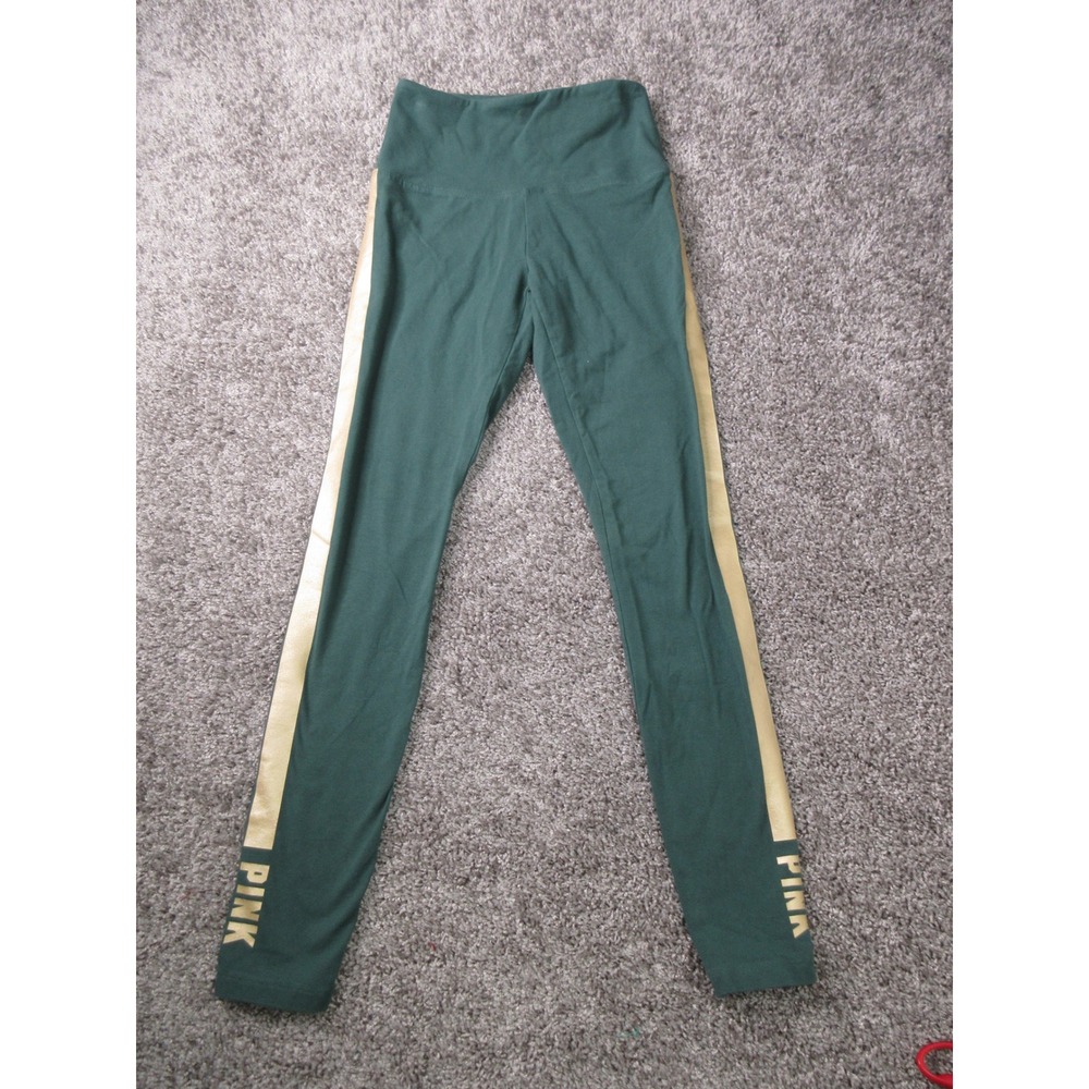 Pink Victoria's Secret Leggings Small Green Gold Metallic Stripe High Waisted